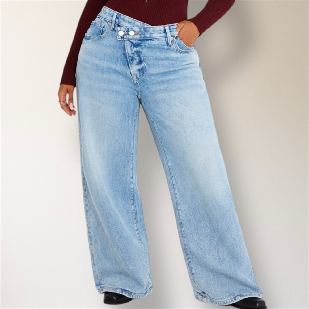 Good‎ American 18 Plus Wide Leg Jeans Good Ease Relaxed Crossover Double Button